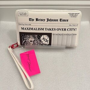 Betsey Johnson White Newspaper Print Wristlet Clutch with Pink Tag